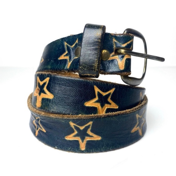 Vintage Accessories - Vintage 70s Star Embossed Western Leather Belt Indigo Blue Tan Brass Buckle S/M
